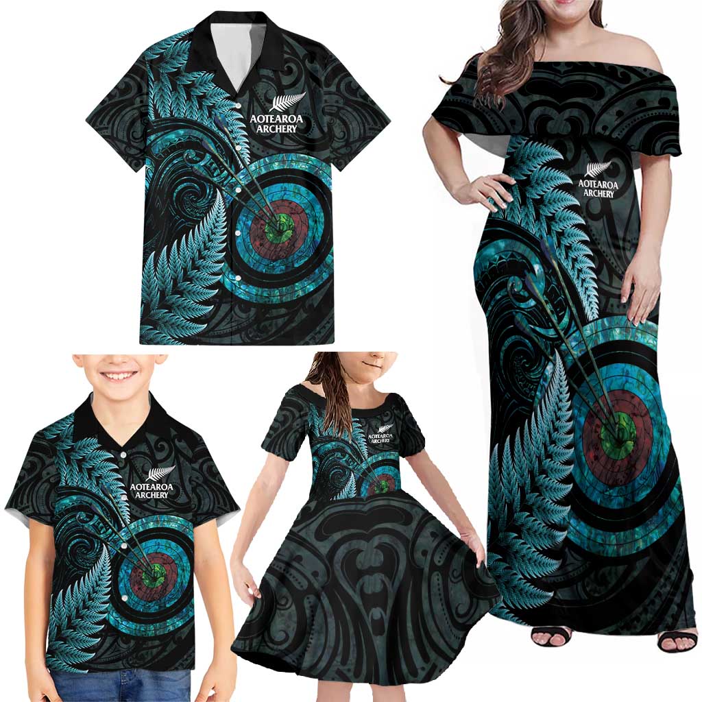 New Zealand Archery Family Matching Off Shoulder Maxi Dress and Hawaiian Shirt Aotearoa Silver Fern Maori - Polynesian Pride