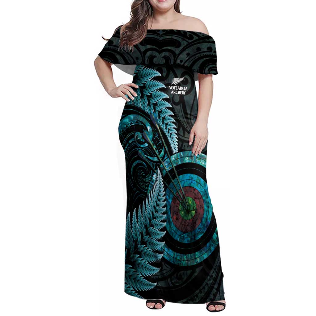 New Zealand Archery Family Matching Off Shoulder Maxi Dress and Hawaiian Shirt Aotearoa Silver Fern Maori - Polynesian Pride