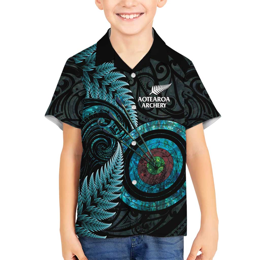 New Zealand Archery Family Matching Off Shoulder Short Dress and Hawaiian Shirt Aotearoa Silver Fern Maori LT14 Son's Shirt Turquoise - Polynesian Pride