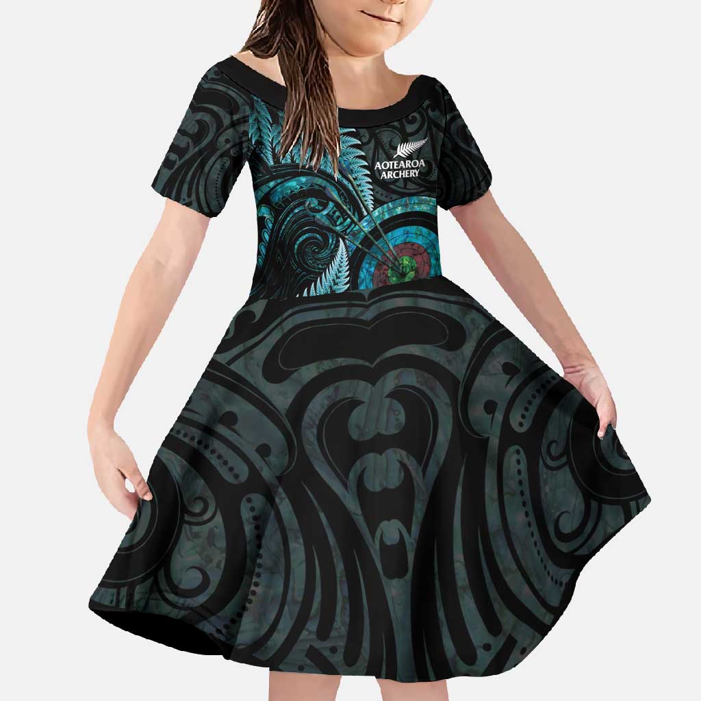 New Zealand Archery Family Matching Short Sleeve Bodycon Dress and Hawaiian Shirt Aotearoa Silver Fern Maori LT14 Daughter's Dress Turquoise - Polynesian Pride