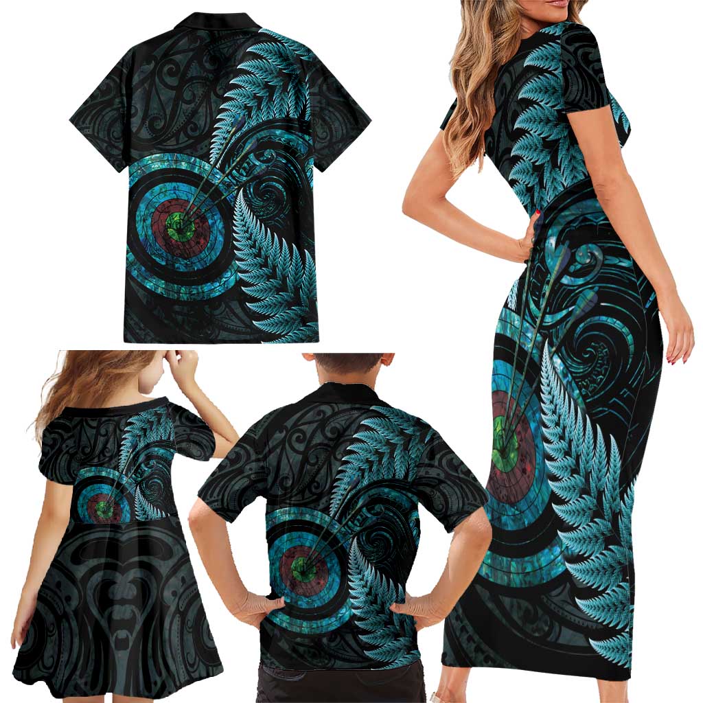 New Zealand Archery Family Matching Short Sleeve Bodycon Dress and Hawaiian Shirt Aotearoa Silver Fern Maori LT14 - Polynesian Pride