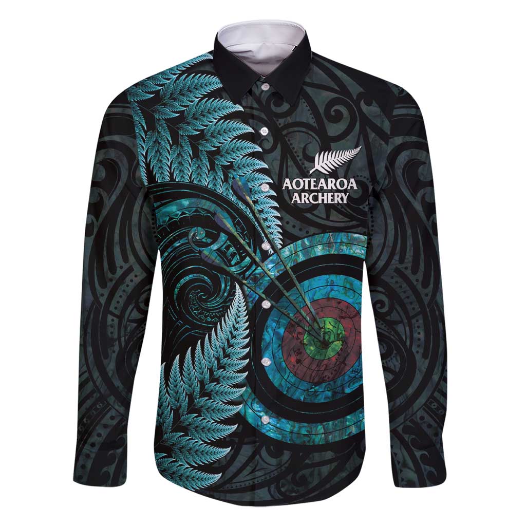 New Zealand Archery Family Matching Short Sleeve Bodycon Dress and Hawaiian Shirt Aotearoa Silver Fern Maori LT14 Dad's Shirt - Long Sleeve Turquoise - Polynesian Pride