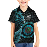 New Zealand Archery Family Matching Summer Maxi Dress and Hawaiian Shirt Aotearoa Silver Fern Maori LT14 Son's Shirt Turquoise - Polynesian Pride