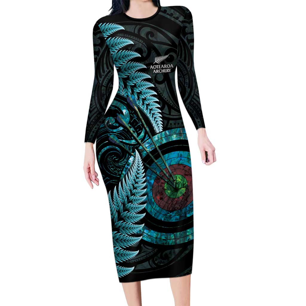New Zealand Archery Long Sleeve Bodycon Dress Aotearoa Silver Fern Maori - Polynesian Pride