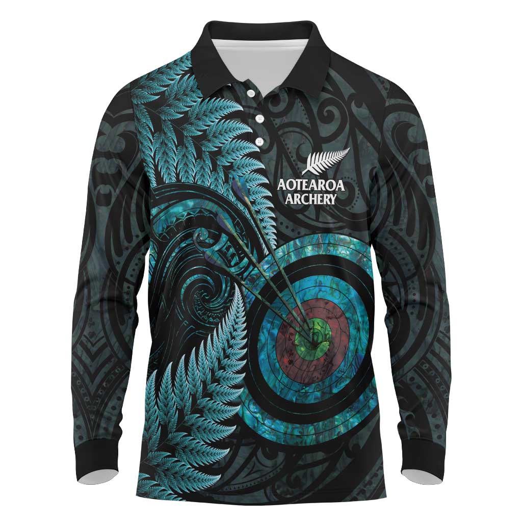 New Zealand Archery Long Sleeve Polo Shirt Aotearoa Silver Fern Maori - Polynesian Pride
