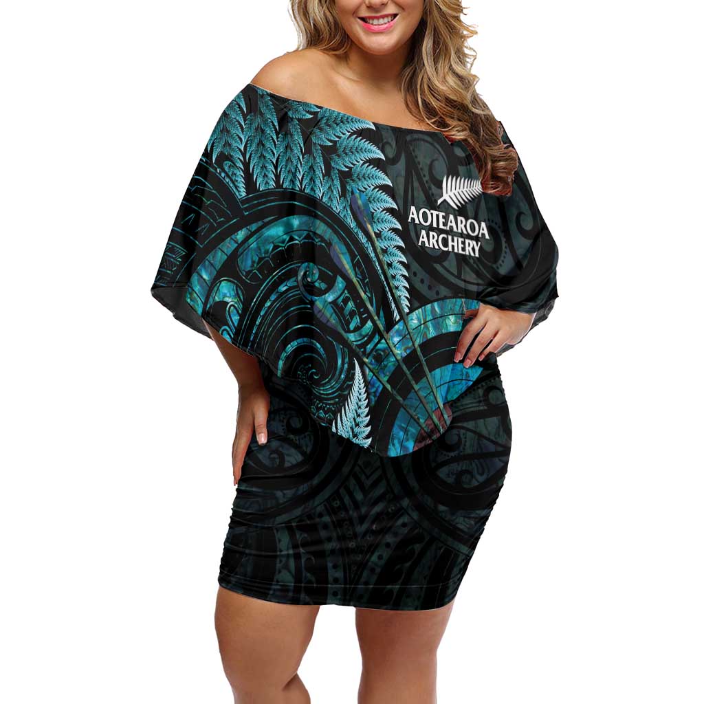 New Zealand Archery Off Shoulder Short Dress Aotearoa Silver Fern Maori - Polynesian Pride