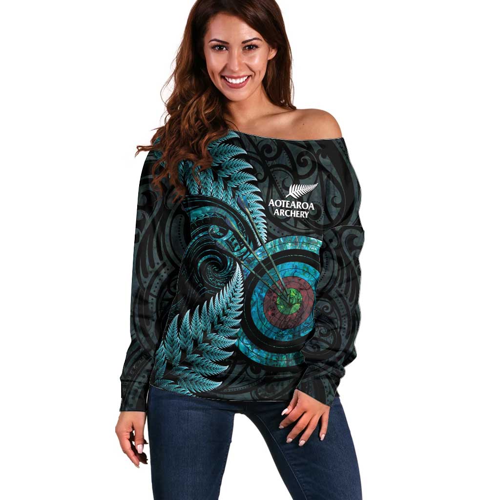 New Zealand Archery Off Shoulder Sweater Aotearoa Silver Fern Maori - Polynesian Pride