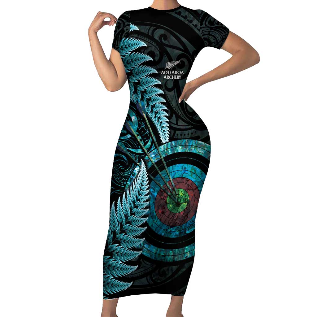New Zealand Archery Short Sleeve Bodycon Dress Aotearoa Silver Fern Maori - Polynesian Pride