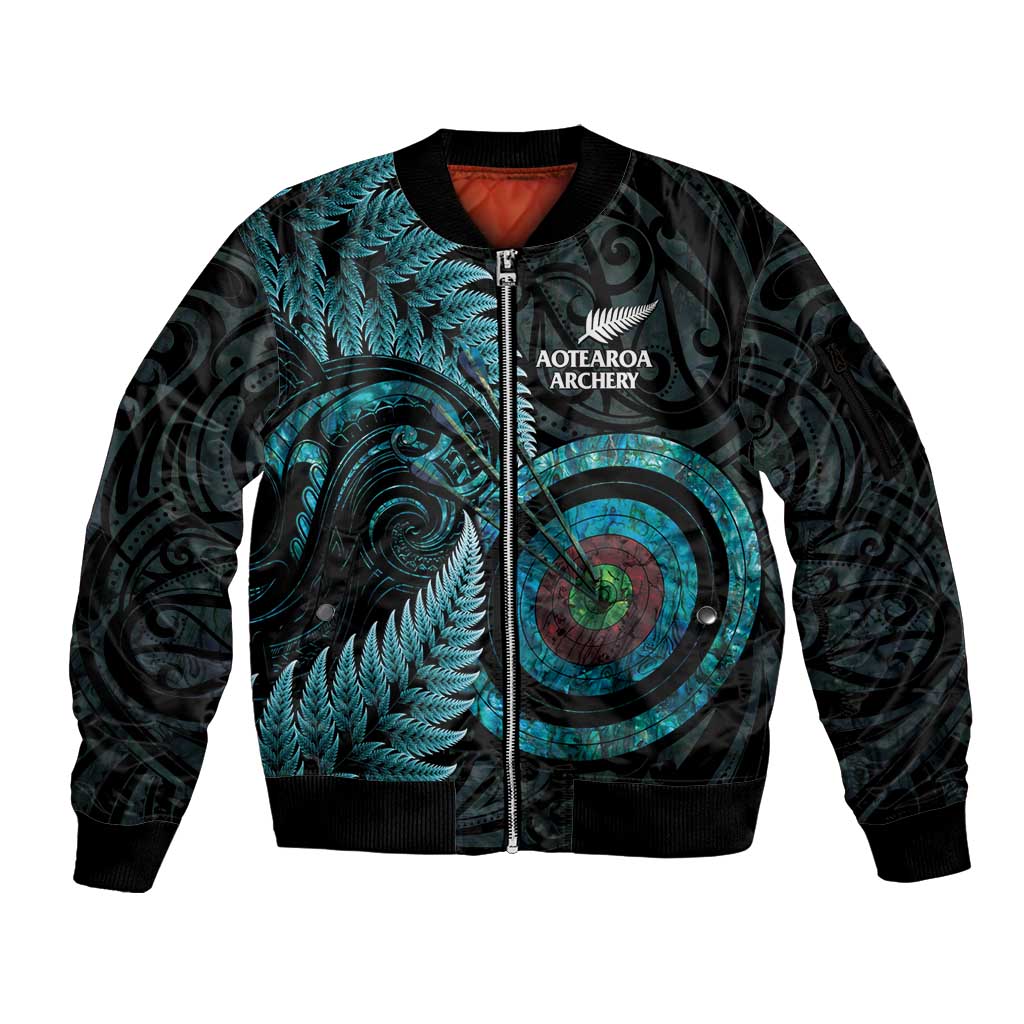 New Zealand Archery Sleeve Zip Bomber Jacket Aotearoa Silver Fern Maori LT14 Unisex Turquoise - Polynesian Pride
