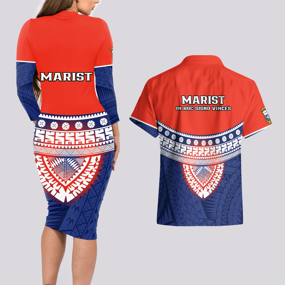 Fiji School Couples Matching Long Sleeve Bodycon Dress and Hawaiian Shirt Marist Brothers Fijian Tapa Pattern LT14 - Polynesian Pride