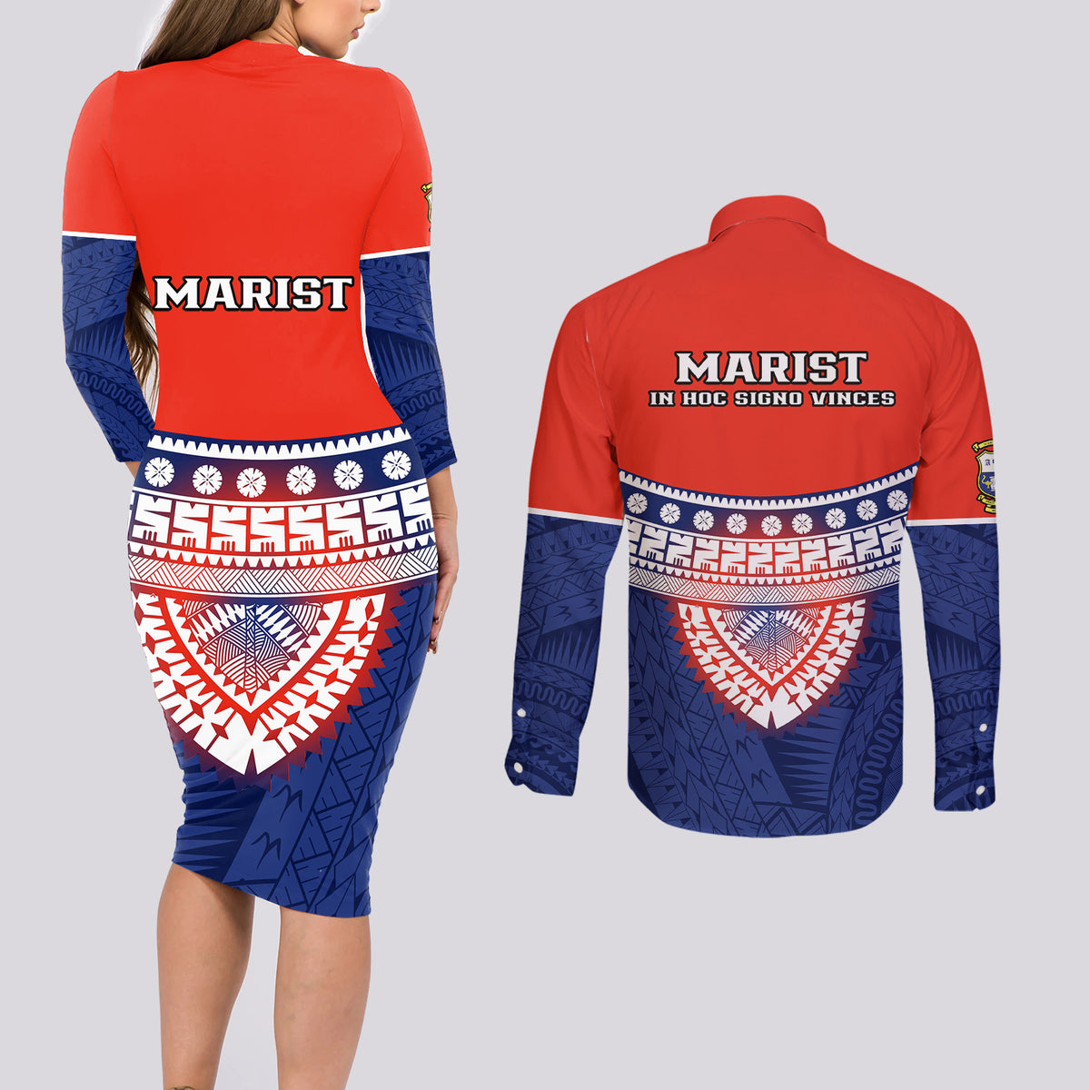 Fiji School Couples Matching Long Sleeve Bodycon Dress and Long Sleeve Button Shirts Marist Brothers Fijian Tapa Pattern LT14 - Polynesian Pride