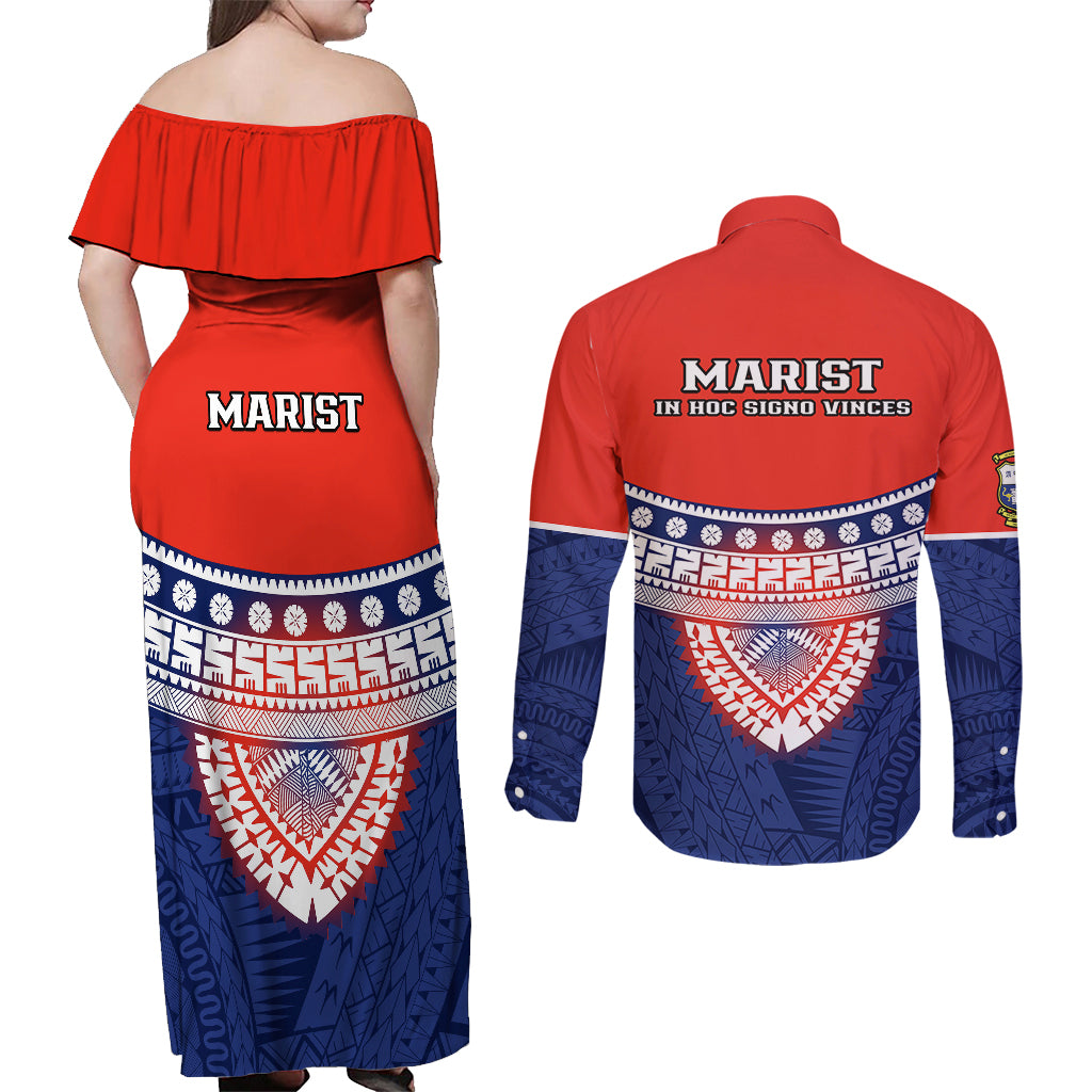 Fiji School Couples Matching Off Shoulder Maxi Dress and Long Sleeve Button Shirts Marist Brothers Fijian Tapa Pattern LT14 - Polynesian Pride