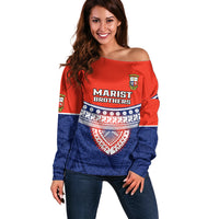 Custom Fiji School Off Shoulder Sweater Marist Brothers Fijian Tapa Pattern LT14 Women Blue - Polynesian Pride