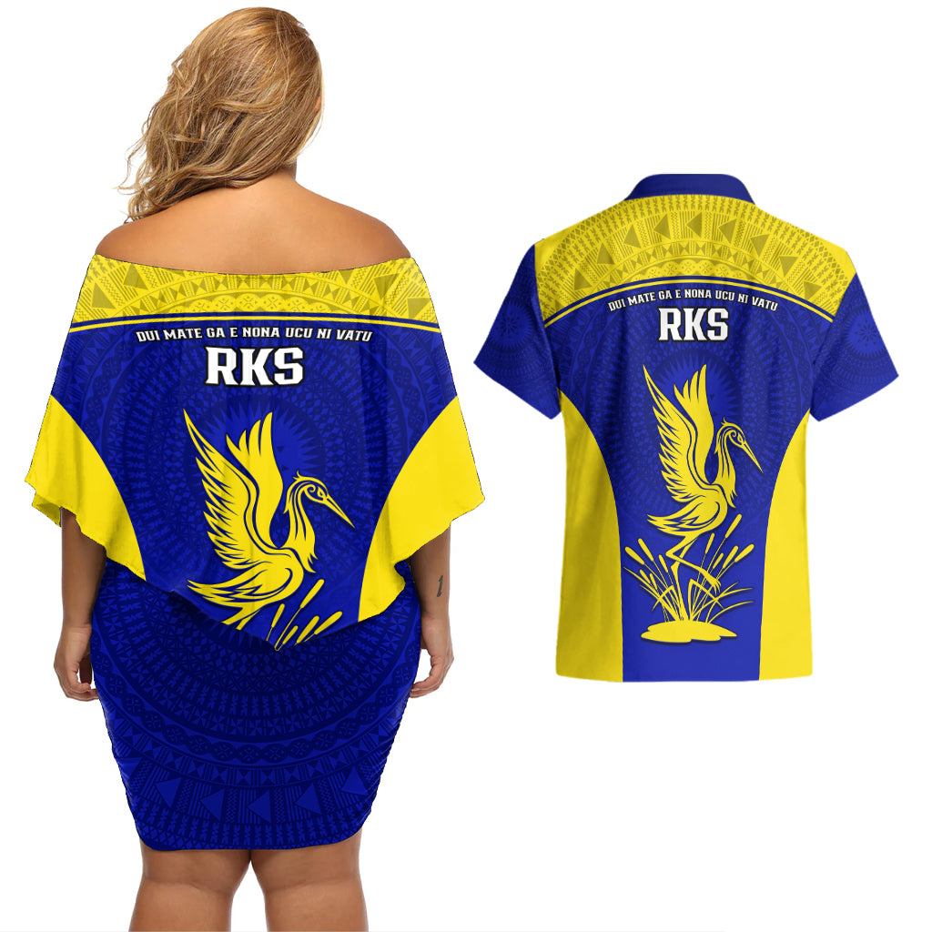 Fiji School Couples Matching Off Shoulder Short Dress and Hawaiian Shirt Ratu Kadavulevu Heron With Fijian Tapa LT14 - Polynesian Pride