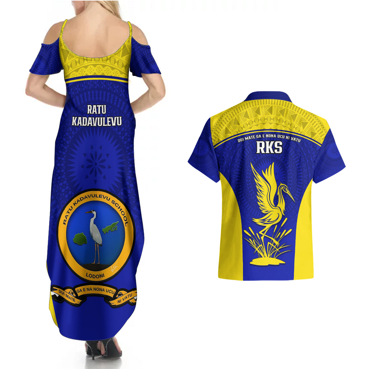 Fiji School Couples Matching Summer Maxi Dress and Hawaiian Shirt Ratu Kadavulevu Heron With Fijian Tapa LT14 - Polynesian Pride