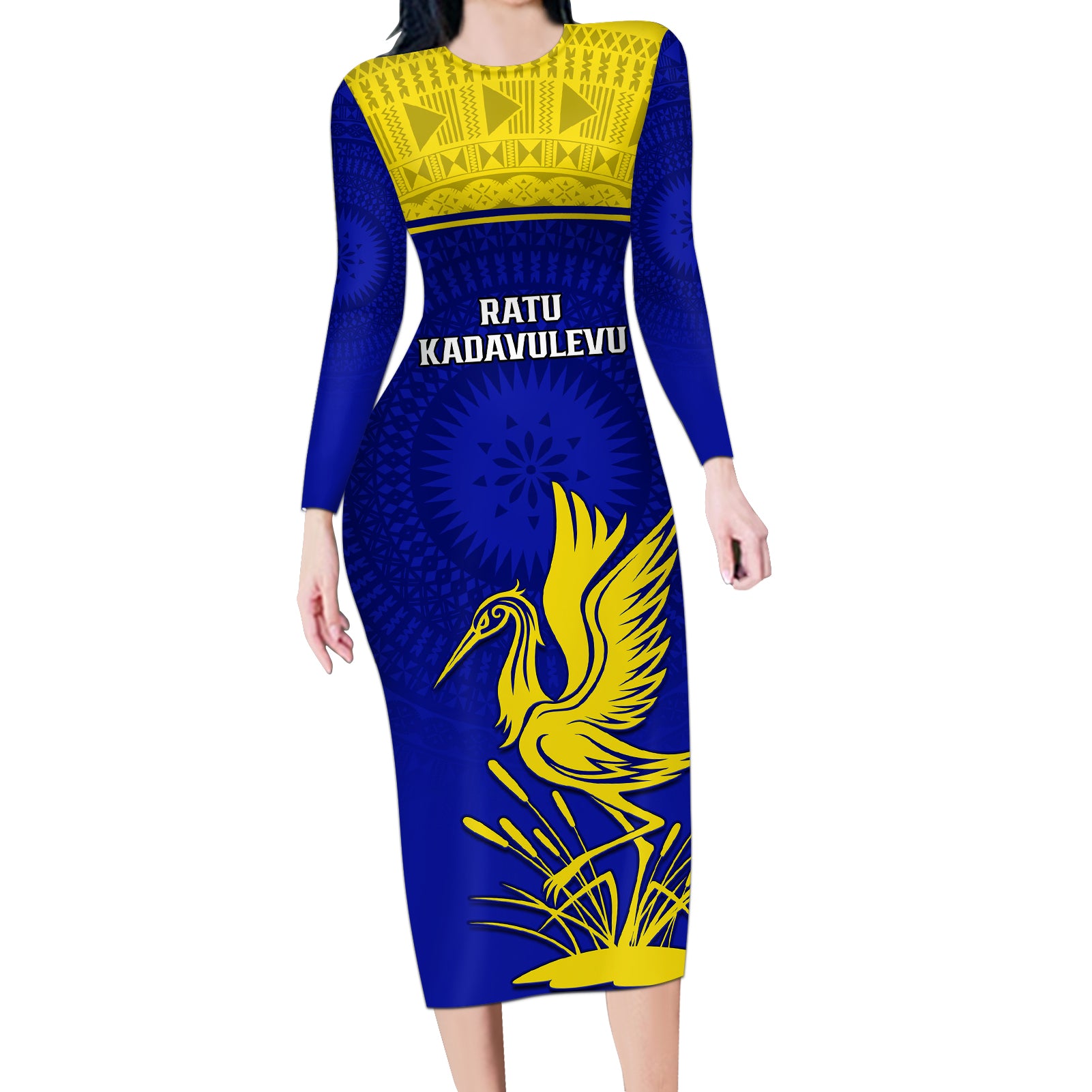 Fiji School Long Sleeve Bodycon Dress Ratu Kadavulevu Heron With Fijian Tapa LT14 Long Dress Gold - Polynesian Pride