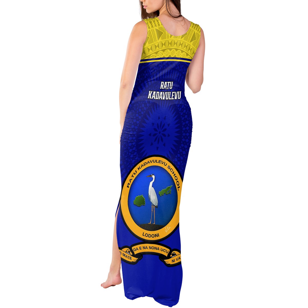 Fiji School Tank Maxi Dress Ratu Kadavulevu Heron With Fijian Tapa LT14 - Polynesian Pride