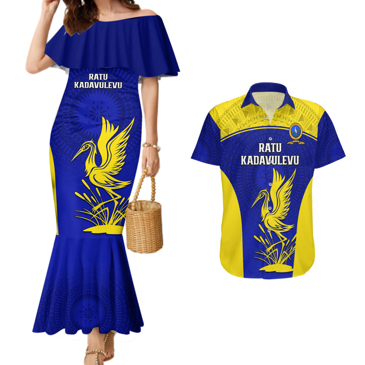 Custom Fiji School Couples Matching Mermaid Dress And Hawaiian Shirt Ratu Kadavulevu Heron With Fijian Tapa LT14 Gold - Polynesian Pride