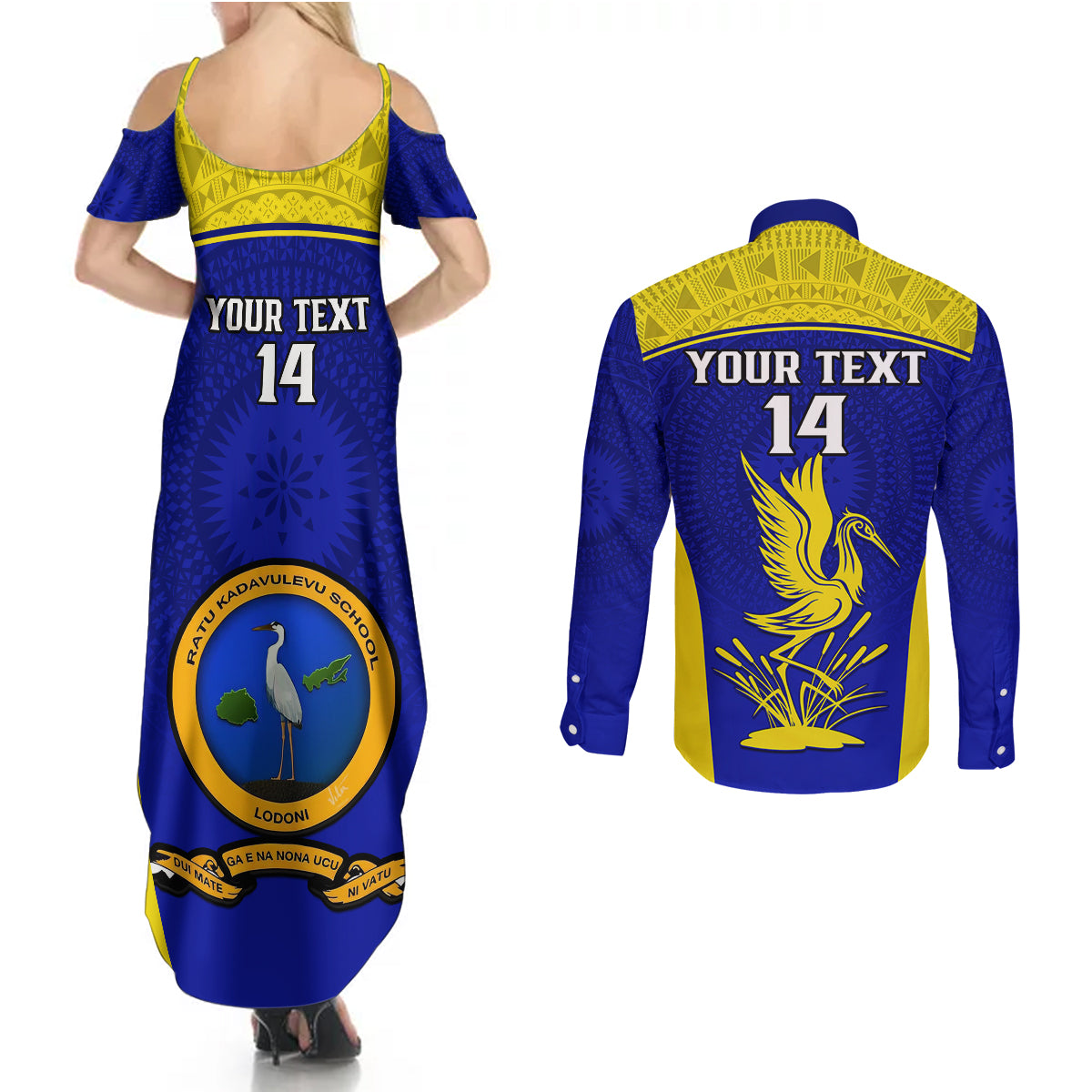 Custom Fiji School Couples Matching Summer Maxi Dress and Long Sleeve Button Shirts Ratu Kadavulevu Heron With Fijian Tapa LT14 - Polynesian Pride