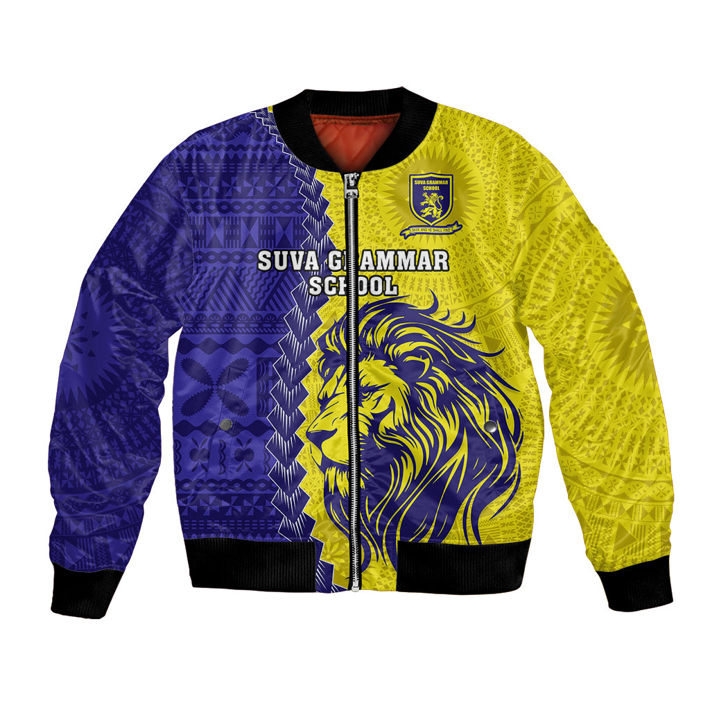 Fiji School Bomber Jacket Suva Grammar Lions With Fijian Tapa LT14 Unisex Gold - Polynesian Pride