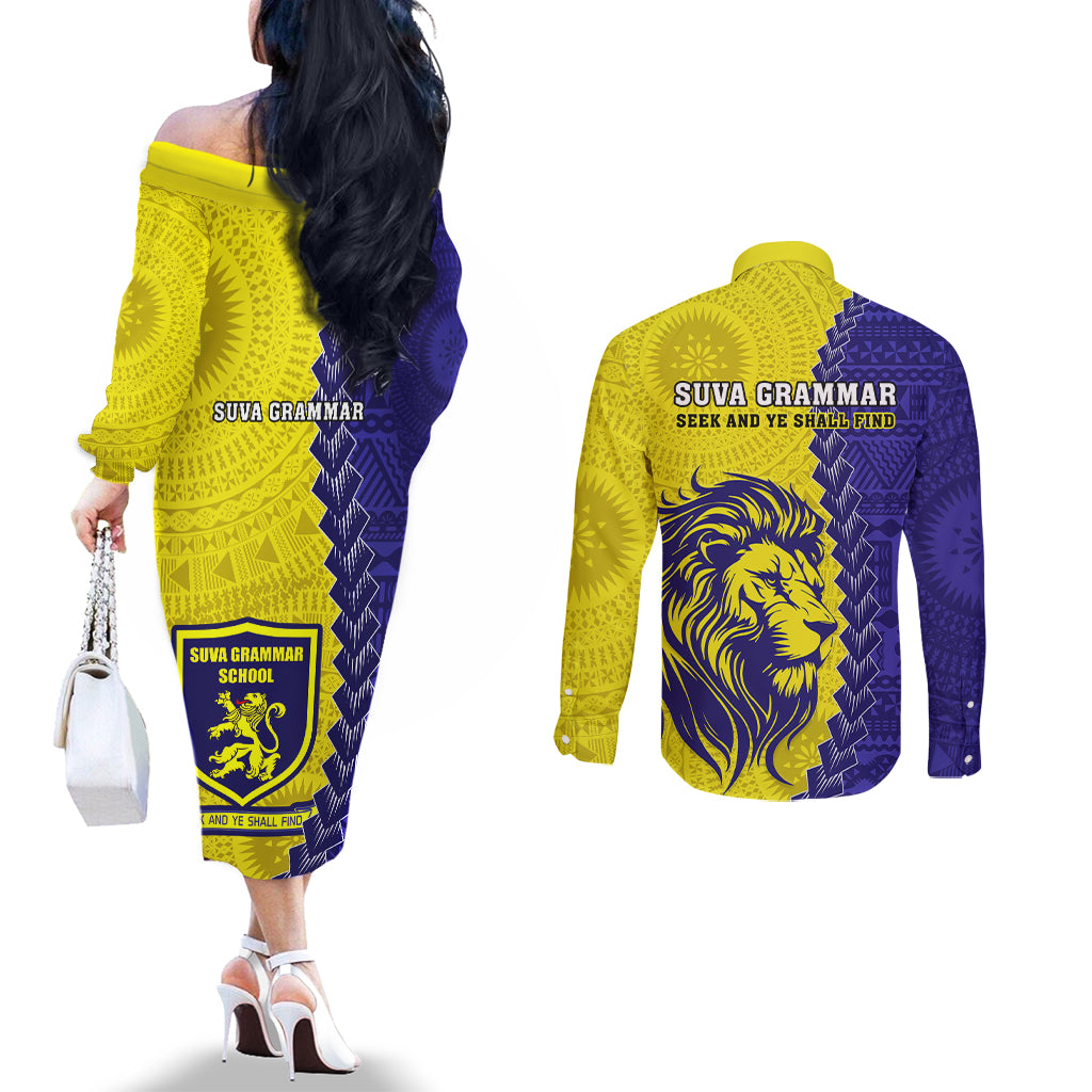 Fiji School Couples Matching Off The Shoulder Long Sleeve Dress and Long Sleeve Button Shirts Suva Grammar Lions With Fijian Tapa LT14 - Polynesian Pride