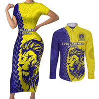 Fiji School Couples Matching Short Sleeve Bodycon Dress and Long Sleeve Button Shirts Suva Grammar Lions With Fijian Tapa LT14 Gold - Polynesian Pride