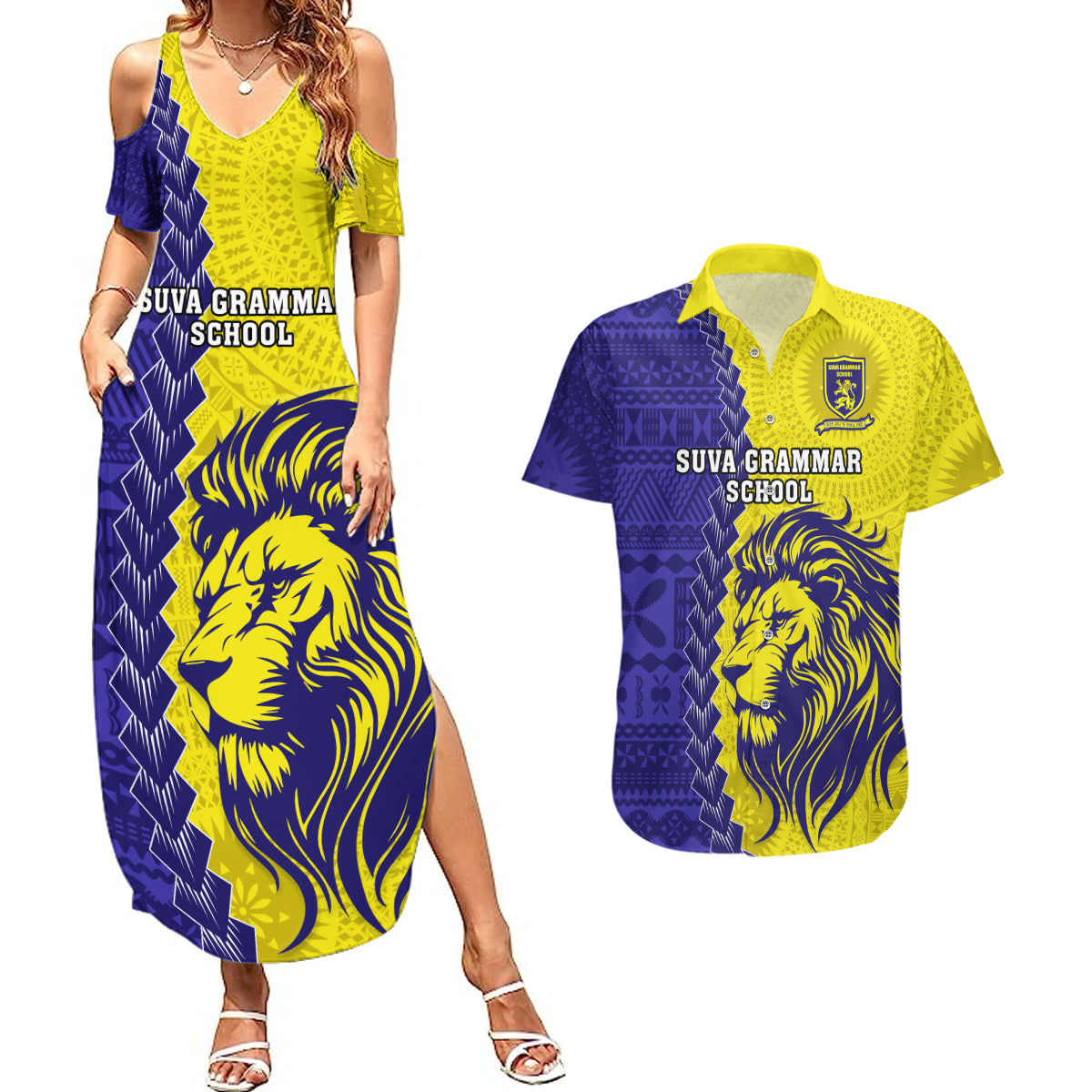 Fiji School Couples Matching Summer Maxi Dress and Hawaiian Shirt Suva Grammar Lions With Fijian Tapa LT14 Gold - Polynesian Pride