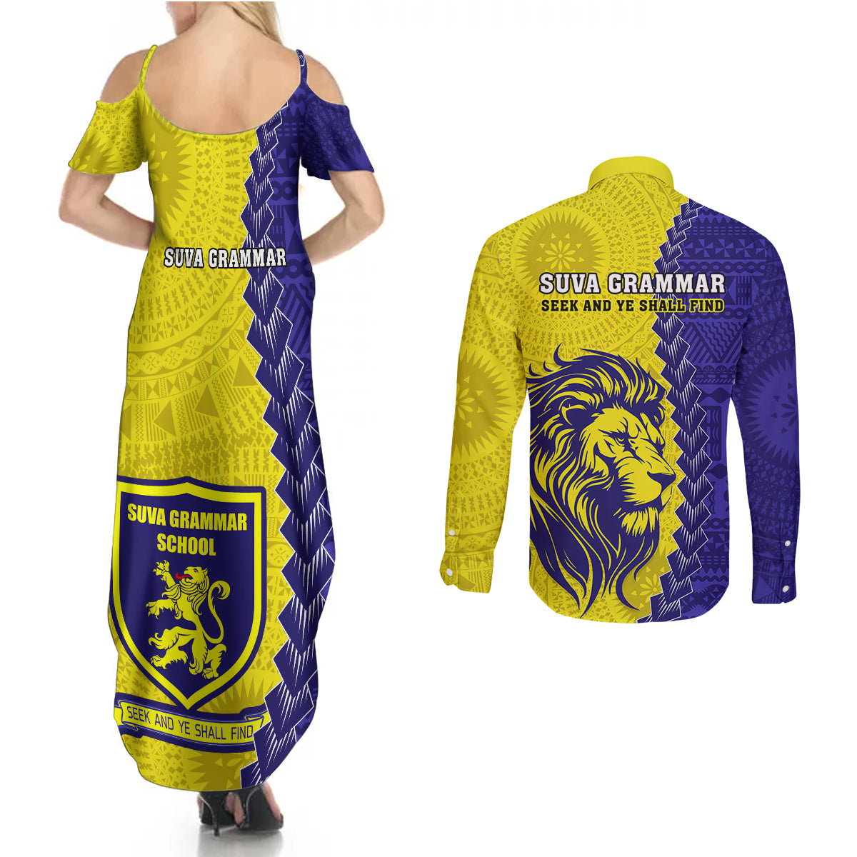 Fiji School Couples Matching Summer Maxi Dress and Long Sleeve Button Shirts Suva Grammar Lions With Fijian Tapa LT14 - Polynesian Pride