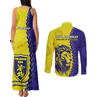 Fiji School Couples Matching Tank Maxi Dress and Long Sleeve Button Shirts Suva Grammar Lions With Fijian Tapa LT14 - Polynesian Pride