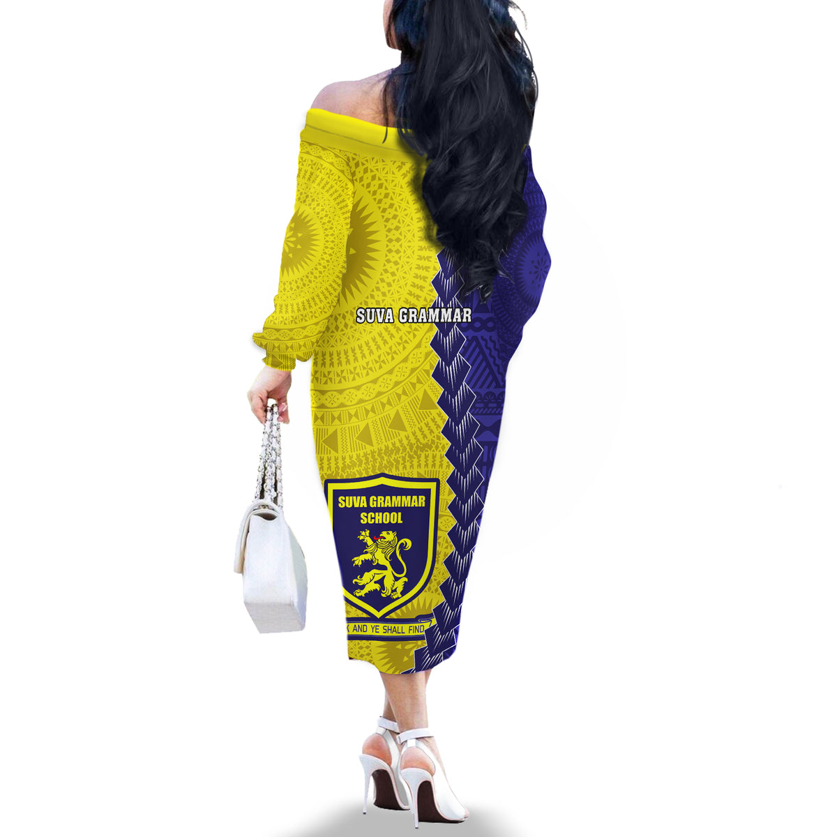 Fiji School Off The Shoulder Long Sleeve Dress Suva Grammar Lions With Fijian Tapa LT14 - Polynesian Pride