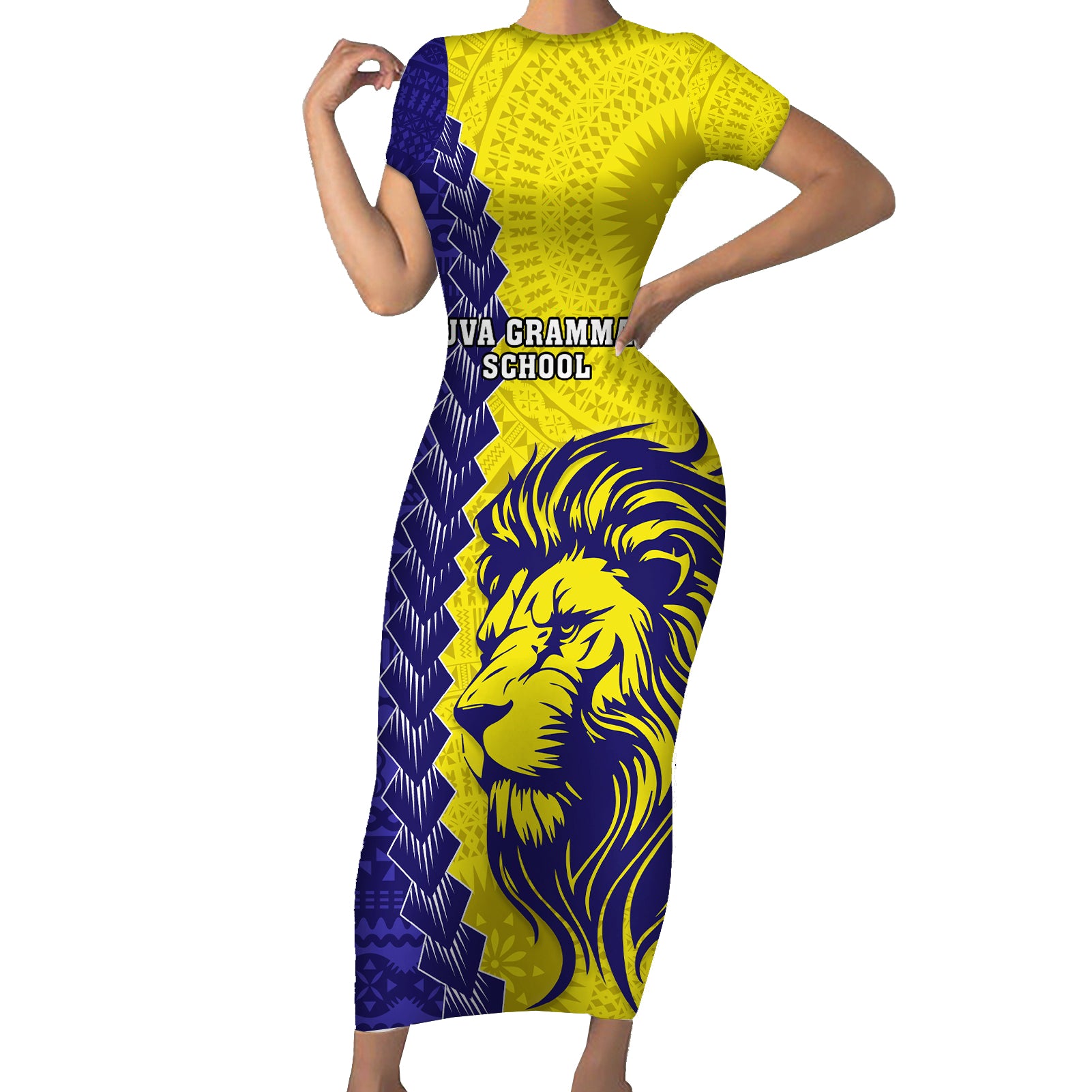 Fiji School Short Sleeve Bodycon Dress Suva Grammar Lions With Fijian Tapa LT14 Long Dress Gold - Polynesian Pride