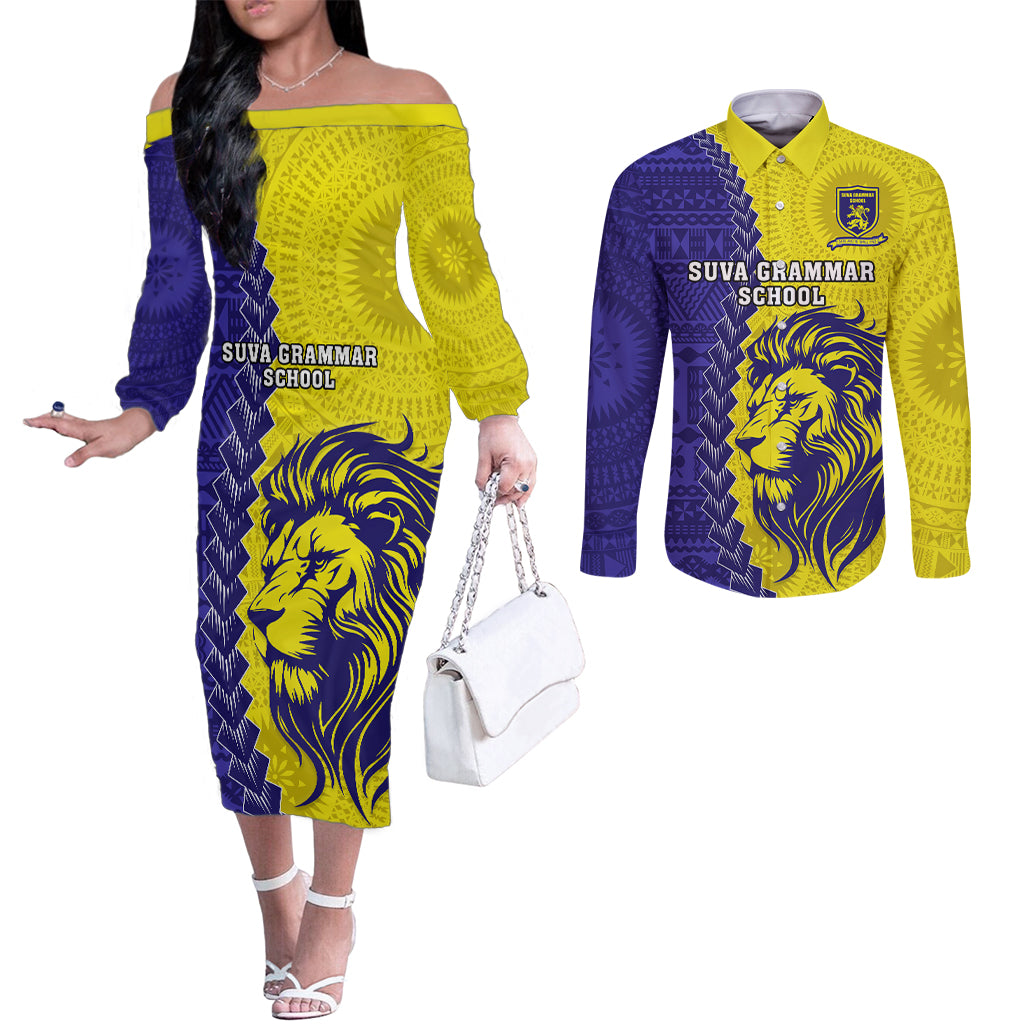 Custom Fiji School Couples Matching Off The Shoulder Long Sleeve Dress and Long Sleeve Button Shirts Suva Grammar Lions With Fijian Tapa LT14 Gold - Polynesian Pride