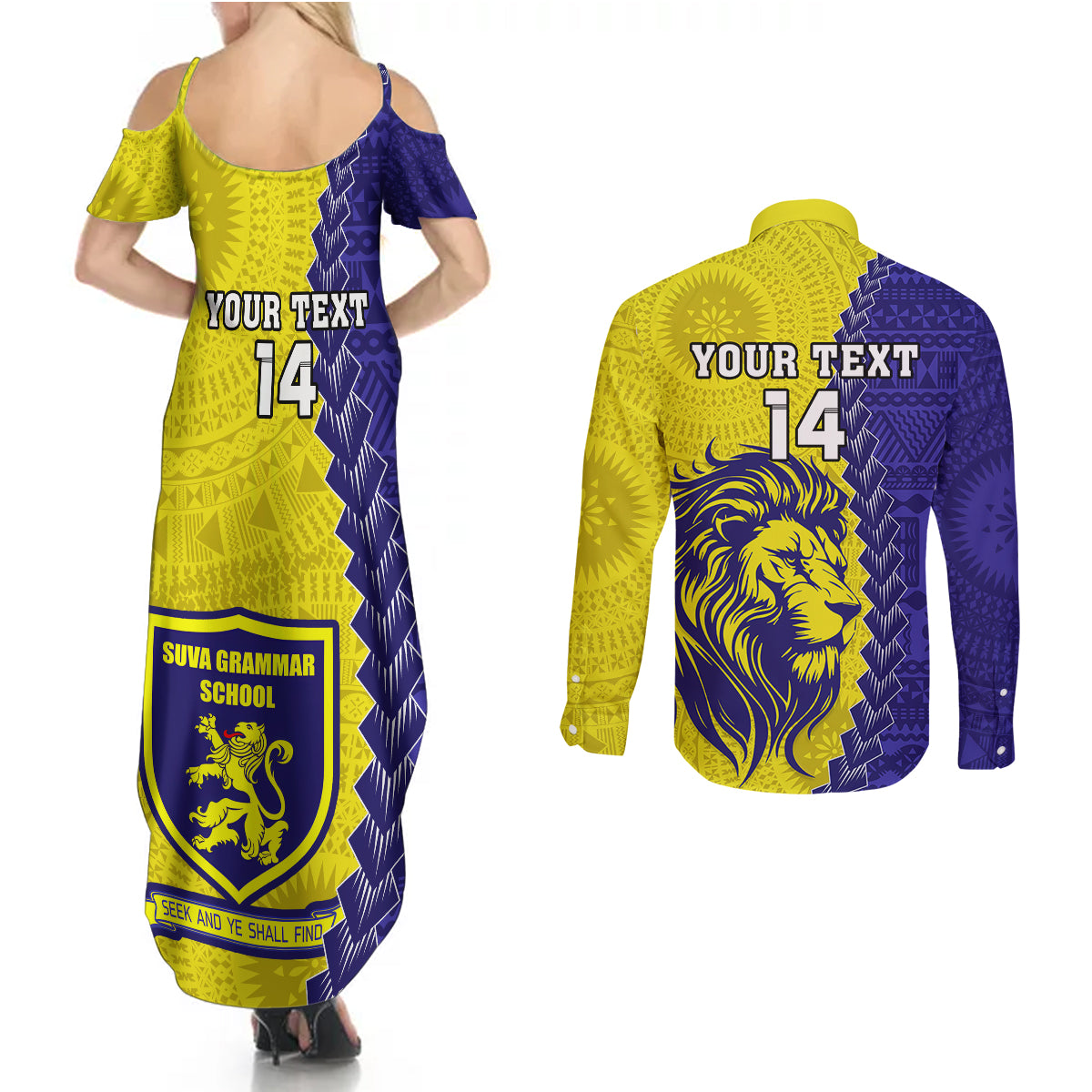 Custom Fiji School Couples Matching Summer Maxi Dress and Long Sleeve Button Shirts Suva Grammar Lions With Fijian Tapa LT14 - Polynesian Pride