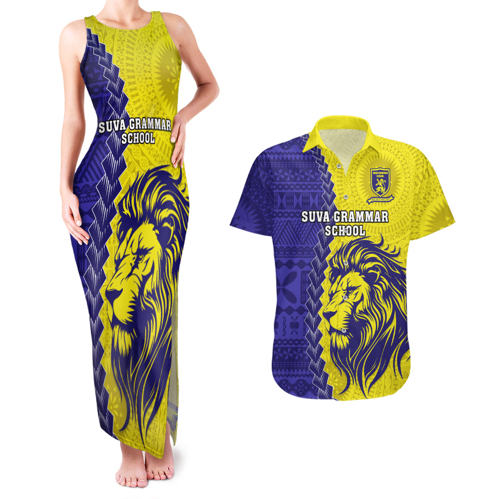 Custom Fiji School Couples Matching Tank Maxi Dress And Hawaiian Shirt Suva Grammar Lions With Fijian Tapa LT14 Gold - Polynesian Pride