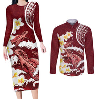 Blood Gold Polynesia Couples Matching Long Sleeve Bodycon Dress and Long Sleeve Button Shirt Polynesian Frangipani With Sea Turtles