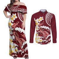 Blood Gold Polynesia Couples Matching Off Shoulder Maxi Dress and Long Sleeve Button Shirt Polynesian Frangipani With Sea Turtles
