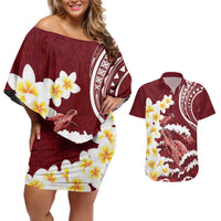 Blood Gold Polynesia Couples Matching Off Shoulder Short Dress and Hawaiian Shirt Polynesian Frangipani With Sea Turtles