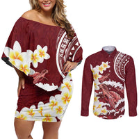 Blood Gold Polynesia Couples Matching Off Shoulder Short Dress and Long Sleeve Button Shirt Polynesian Frangipani With Sea Turtles