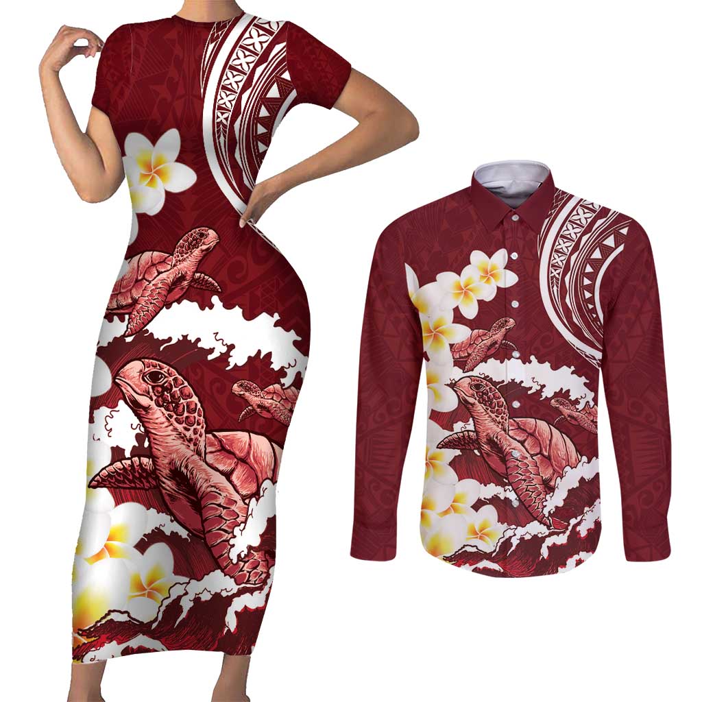 Blood Gold Polynesia Couples Matching Short Sleeve Bodycon Dress and Long Sleeve Button Shirt Polynesian Frangipani With Sea Turtles