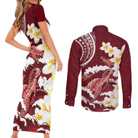 Blood Gold Polynesia Couples Matching Short Sleeve Bodycon Dress and Long Sleeve Button Shirt Polynesian Frangipani With Sea Turtles