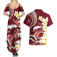 Blood Gold Polynesia Couples Matching Summer Maxi Dress and Hawaiian Shirt Polynesian Frangipani With Sea Turtles