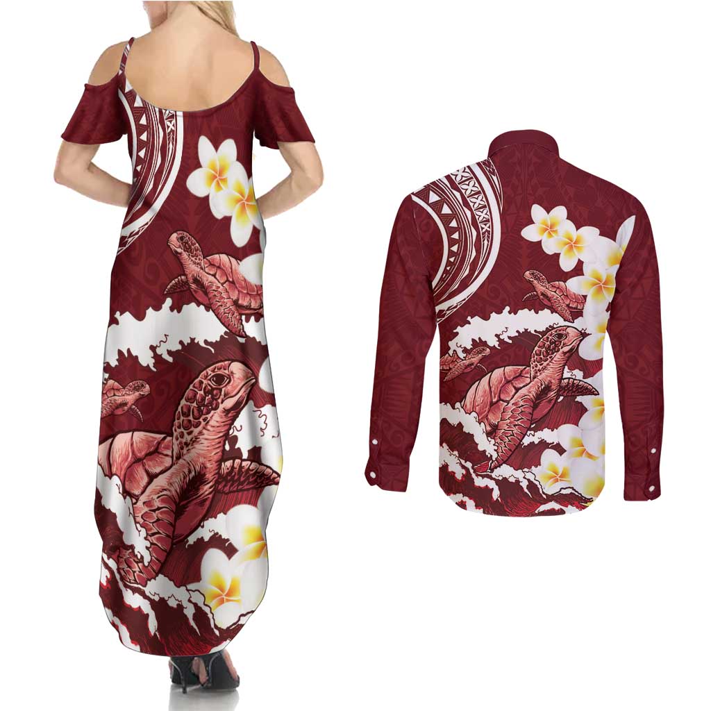 Blood Gold Polynesia Couples Matching Summer Maxi Dress and Long Sleeve Button Shirt Polynesian Frangipani With Sea Turtles