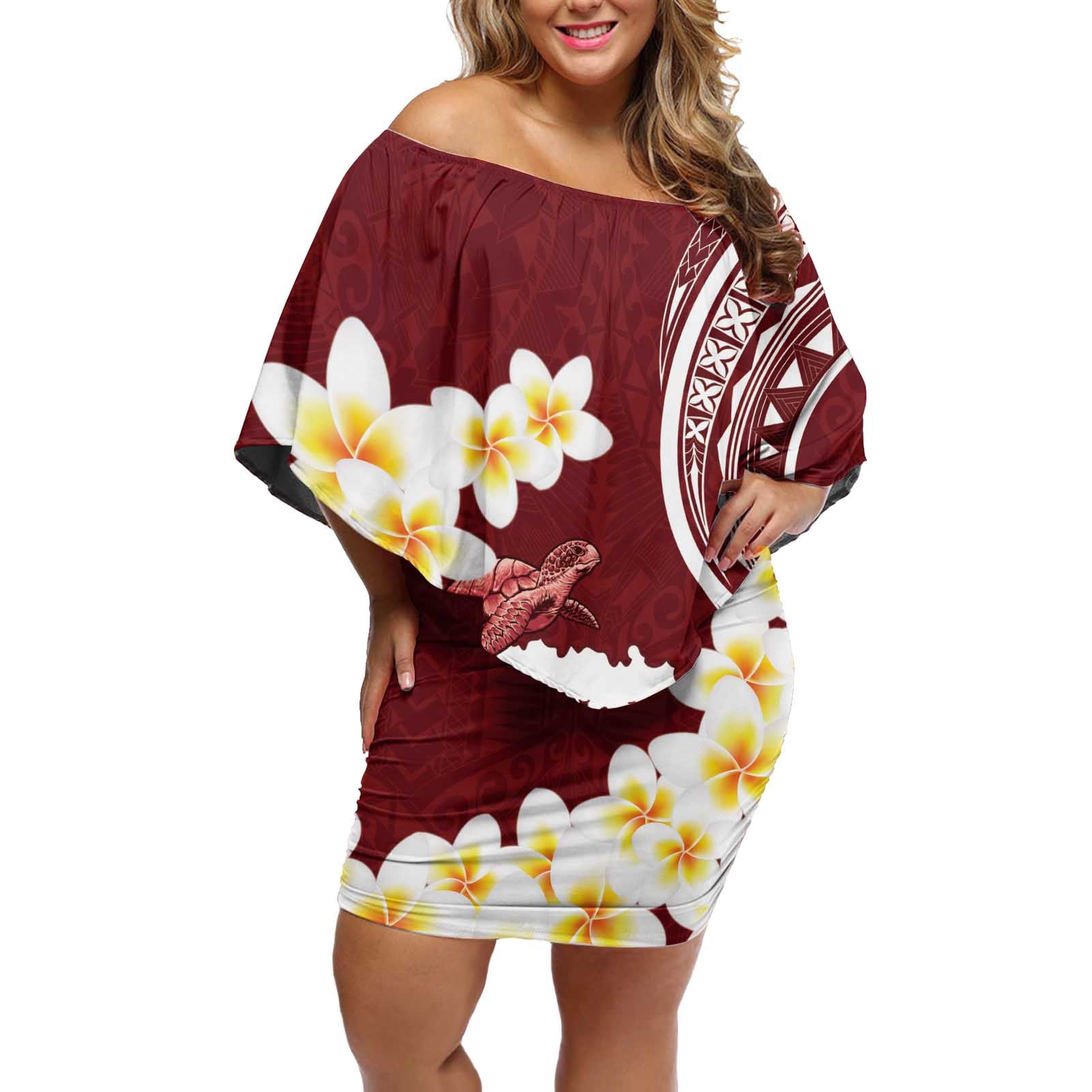 Blood Gold Polynesia Off Shoulder Short Dress Polynesian Frangipani With Sea Turtles