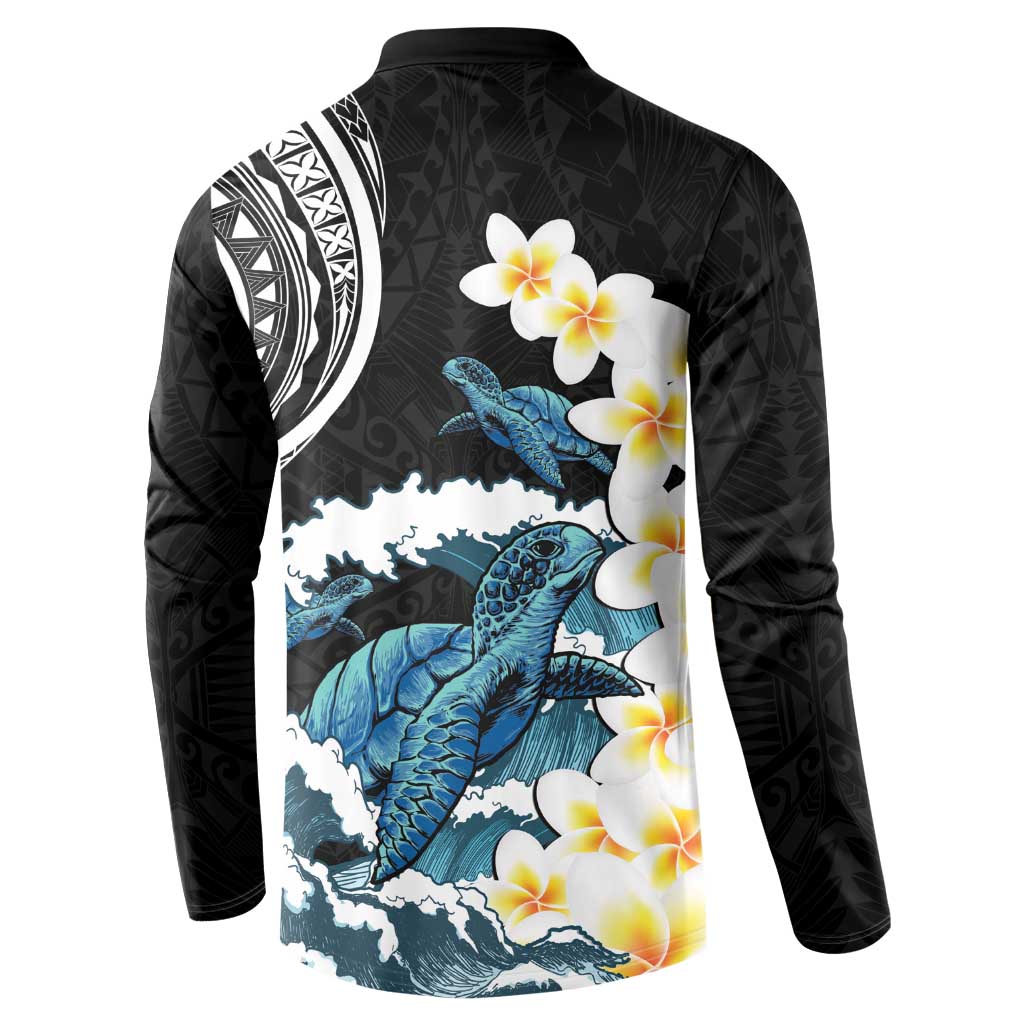 Black Polynesia Button Sweatshirt Polynesian Frangipani With Sea Turtles