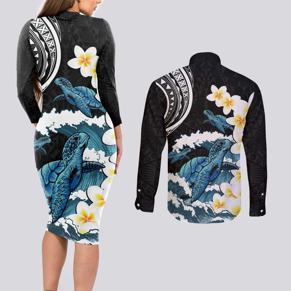 Black Polynesia Couples Matching Long Sleeve Bodycon Dress and Long Sleeve Button Shirt Polynesian Frangipani With Sea Turtles