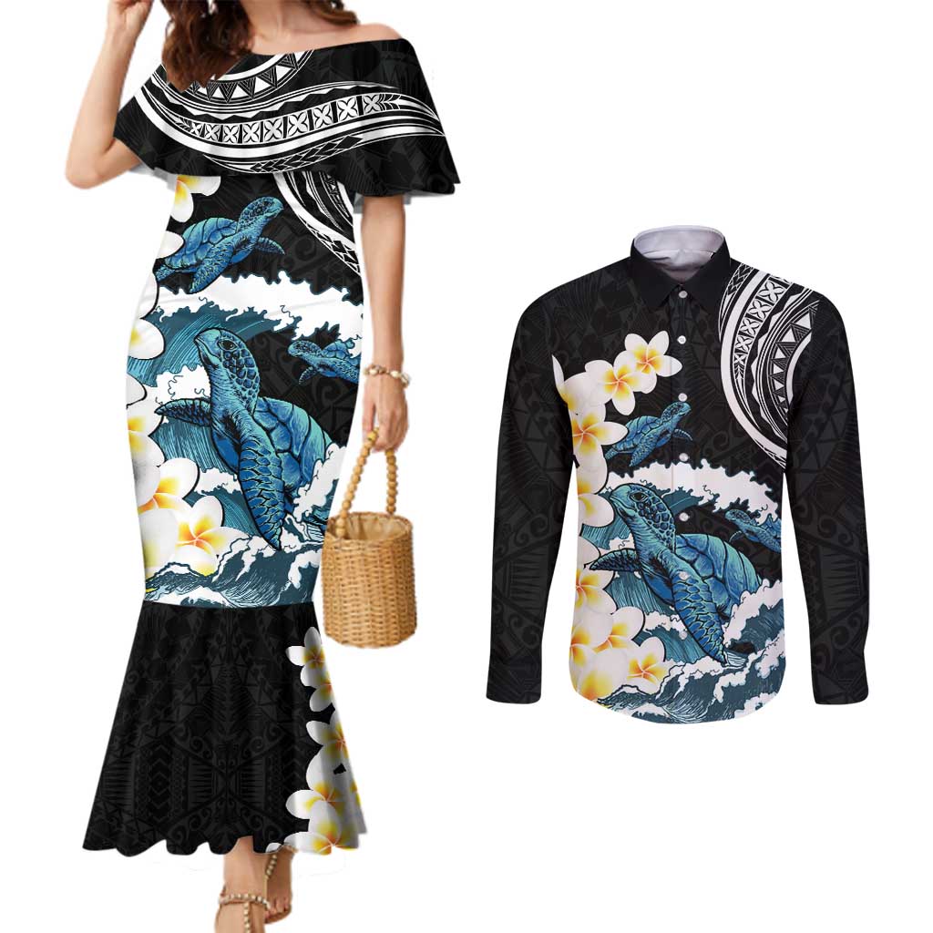 Black Polynesia Couples Matching Mermaid Dress and Long Sleeve Button Shirt Polynesian Frangipani With Sea Turtles