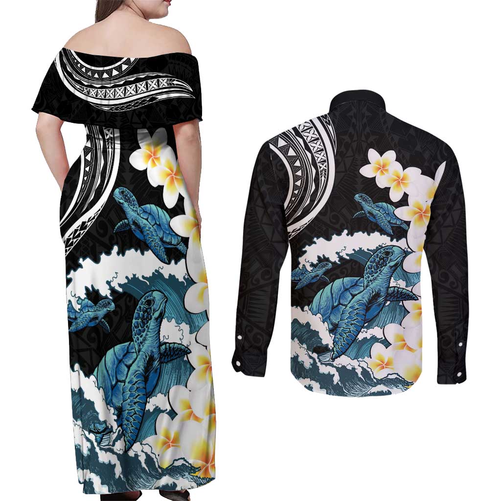 Black Polynesia Couples Matching Off Shoulder Maxi Dress and Long Sleeve Button Shirt Polynesian Frangipani With Sea Turtles
