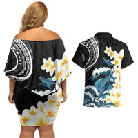 Black Polynesia Couples Matching Off Shoulder Short Dress and Hawaiian Shirt Polynesian Frangipani With Sea Turtles