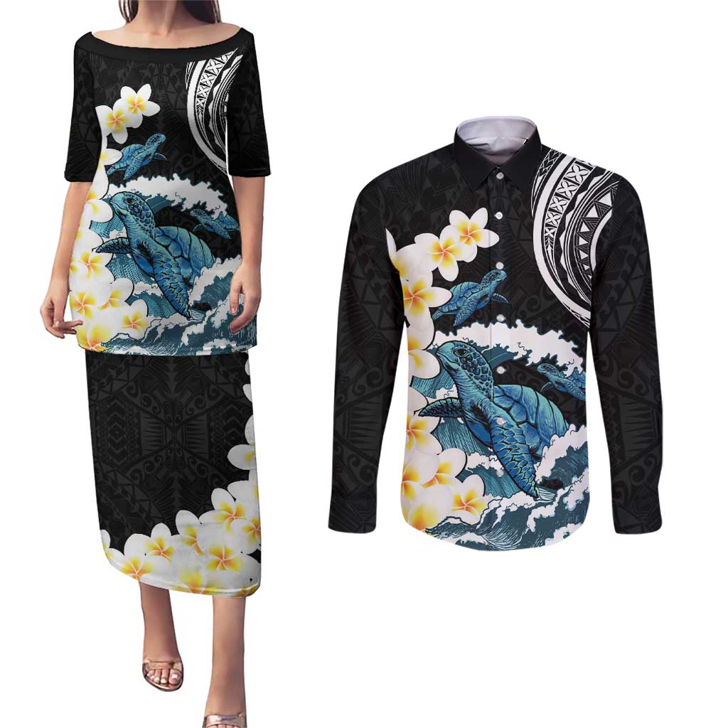 Black Polynesia Couples Matching Puletasi and Long Sleeve Button Shirt Polynesian Frangipani With Sea Turtles