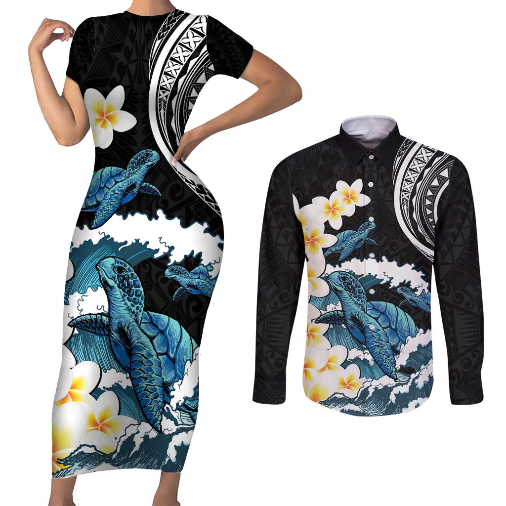 Black Polynesia Couples Matching Short Sleeve Bodycon Dress and Long Sleeve Button Shirt Polynesian Frangipani With Sea Turtles